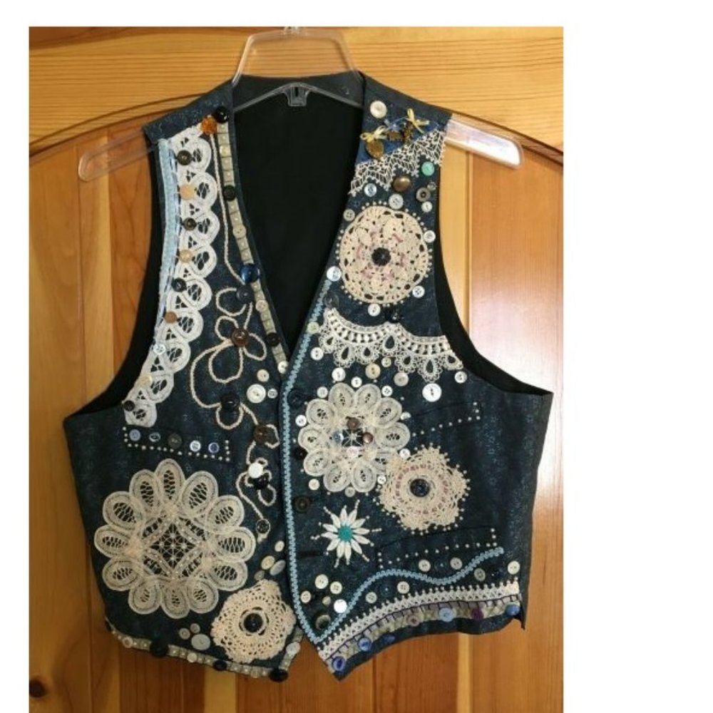 VTG 90s Handmade Bohemian Appliqued Doily Vest Buttons Beads Ribbon Medium?